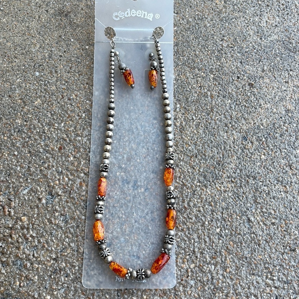 Codeena Amber and Silver Jewelry Set. Pierced Earrings